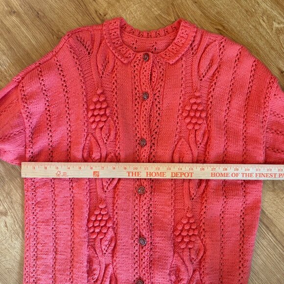 Vintage Hand-Knit Coral Cardigan Sweater Leaf Bobble Cozy Grandma Knubby Cottag - Picture 4 of 7